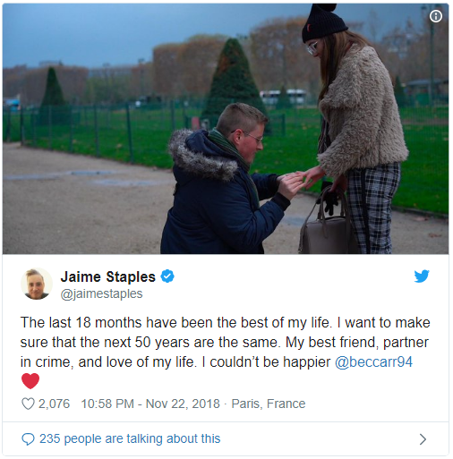 Jaime Staples向自己的生命挚爱求婚啦！