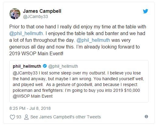 争议过后Phil Hellmuth为James Campbell支付2019年WSOP主赛事买入