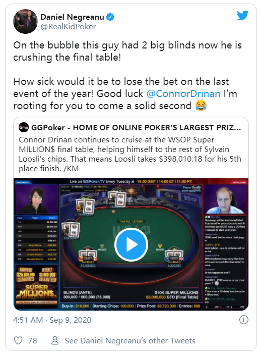 【GG扑克】Connor Drinan获得职业生涯首条金手链，还有丹牛的10万块