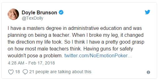 Doyle Brunson支持特朗普建议教师配枪的提议