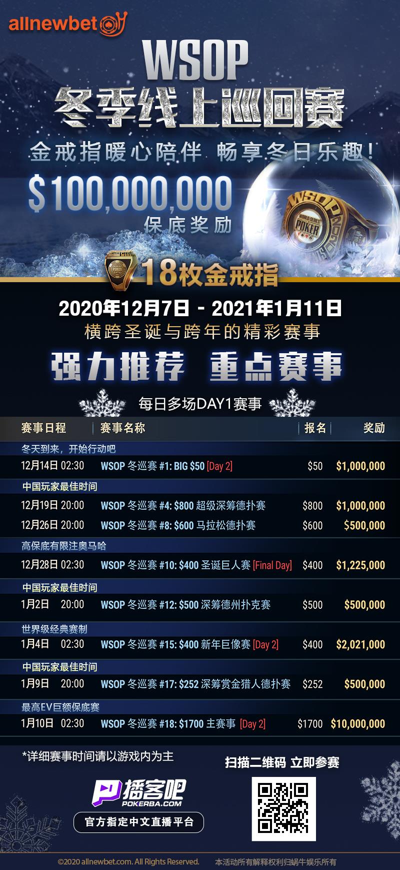 【GG扑克】WSOP冬季线上巡回赛100000000美金保底奖金