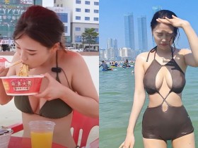 【GG扑克】喜歡台灣的韓國女生Judy海灘換「爆乳比基尼」猛嗑滿漢大餐