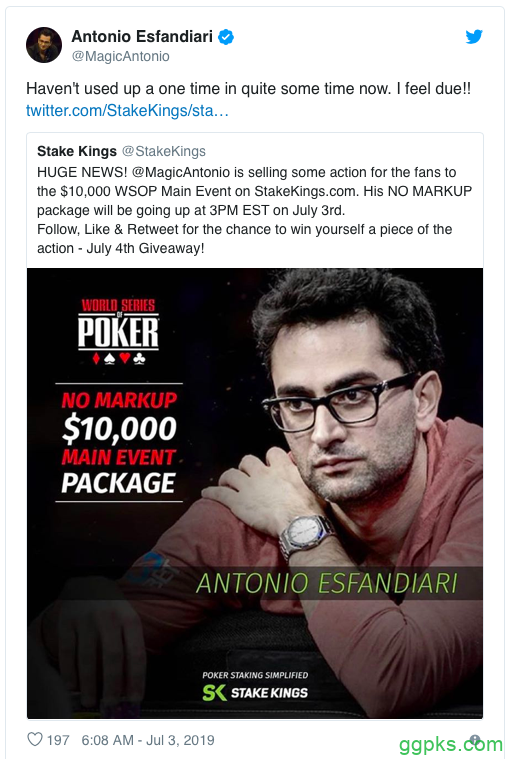 Antonio Esfandiari获得WSOP主赛第82名，奖金$82,365！