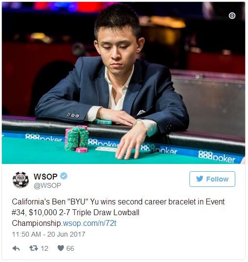 WSOP赛讯：Ben Yu击败Shaun Deeb取得第34项赛事的冠军