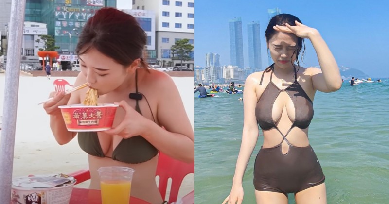 【GG扑克】喜歡台灣的韓國女生Judy海灘換「爆乳比基尼」猛嗑滿漢大餐