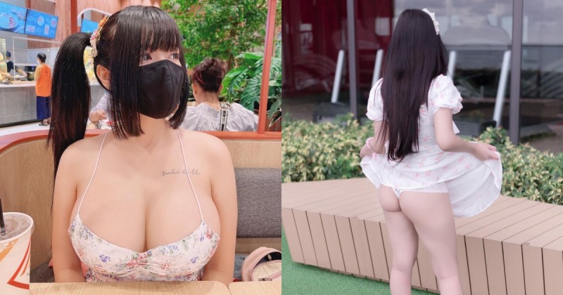 【GG扑克】「巨乳長髮妹」逛街太熱偷掀裙子,「白嫩屁股蛋」露出吹風啦!