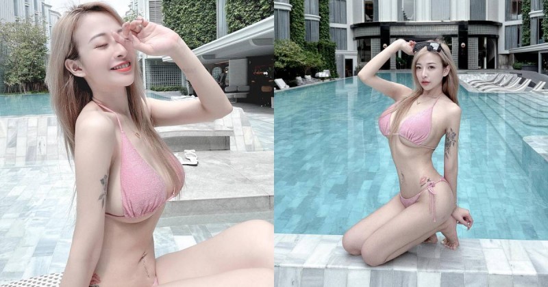 淘氣女友「嵐芯語」曼谷度假！泳池邊穿「粉色比基尼」大秀白皙豪乳！