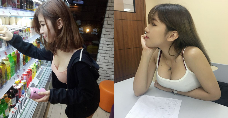 【GG扑克】便利商店驚見「大奶正妹」彎腰露溝選飲料!害網友「乳糖不耐症」差點發作…