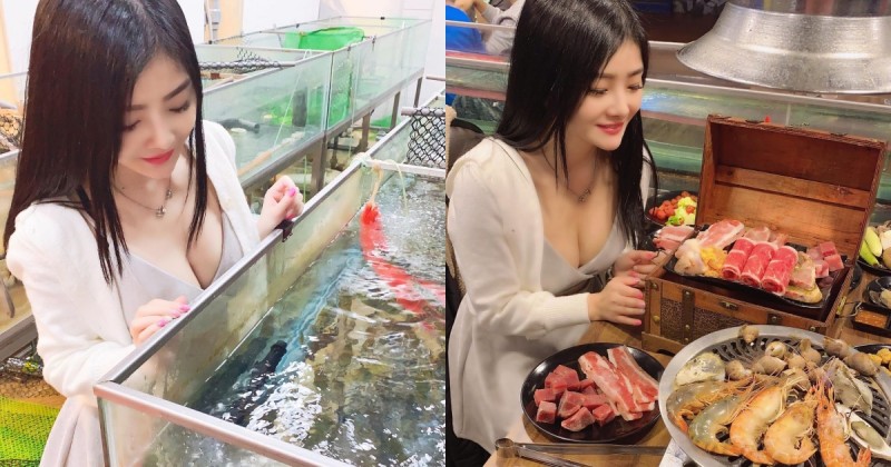 【GG扑克】「低胸爆乳正妹」低頭挑海產,超豐滿「渾圓雙球」比海鮮還美味,讓人好想飽餐一頓!