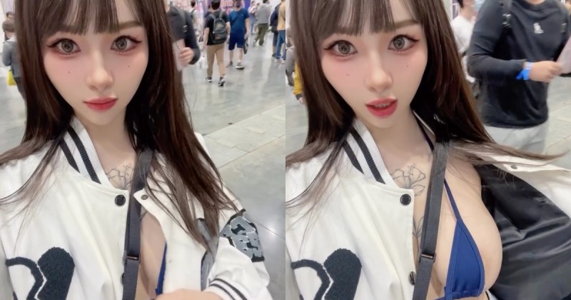 【GG扑克】正妹路人在TRE偷掀外套露「比基尼雪乳」!超迷你布料疑似露出淺色暈暈!