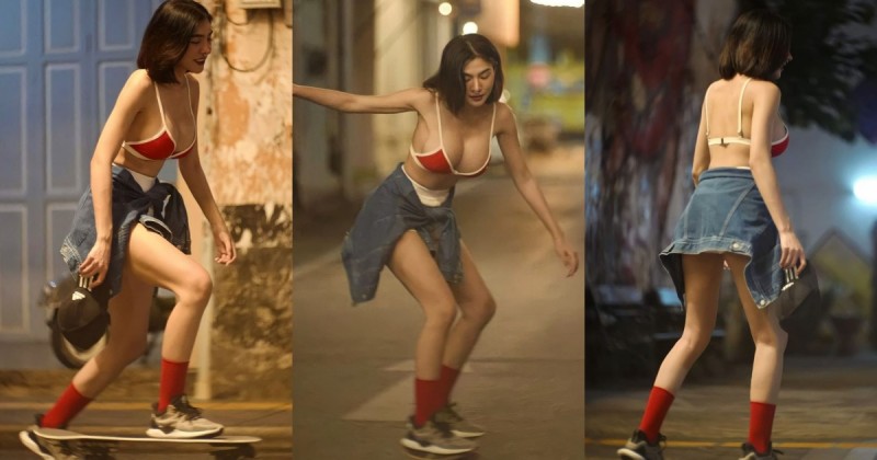 【GG扑克】「 短髮巨乳正妹」深夜街頭溜滑板！超清涼爆乳內衣＋小熱褲，滑到哪都搶眼！