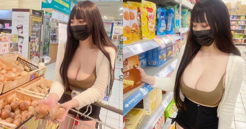 【GG扑克】F奶巨乳運動員「低胸逛超市」！濃濃乳香藏不住，熱褲下「白嫩美腿」若隱若現！