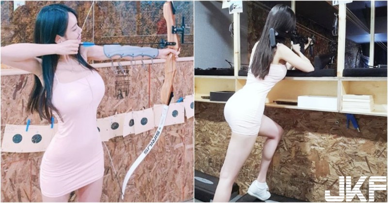 【GG扑克】神射手4ni？長髮正妹射擊場「爆乳打槍」！超緊身短裙讓人想「正中紅心」！